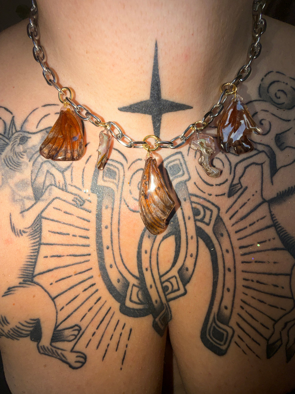 Fritillary Wing & Mussel Shell Charm Necklace